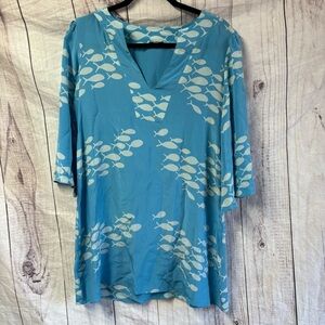 Bianca Coletti 100% Silk Preppy Blue Fish Pattern Beach Women's Dress M